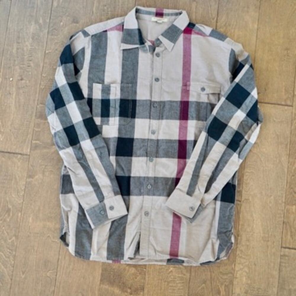 Burberry Brit Long Sleeve Plaid Collared Button Up Shirt Cream Mens Size Large